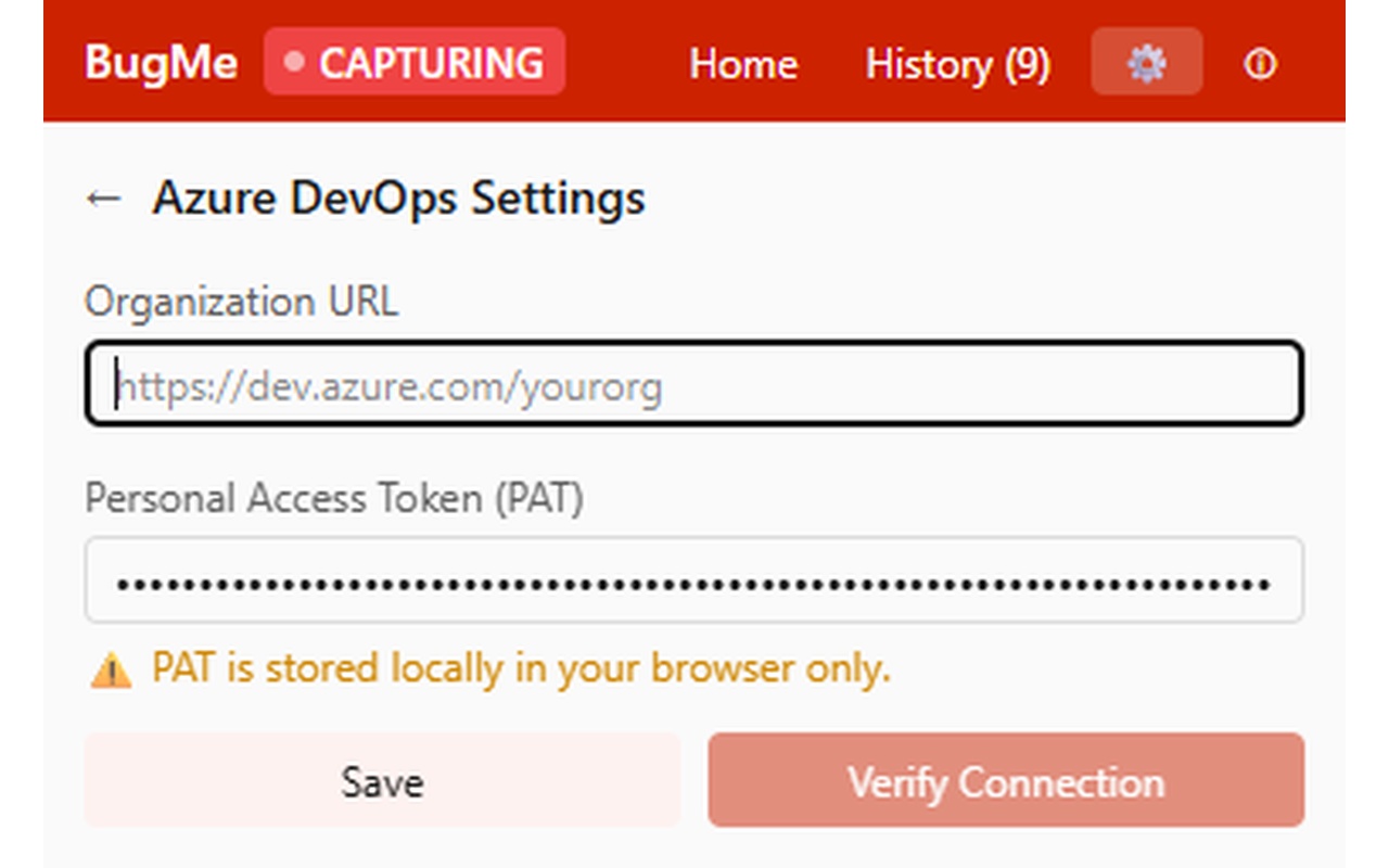 BugMe interface showing capture controls and recent bug entries