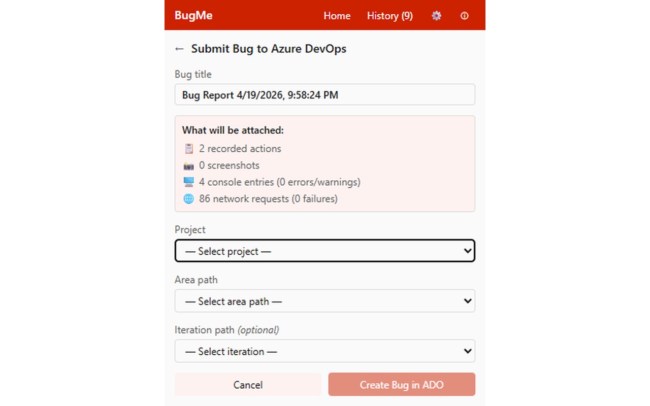 BugMe view showing recorded bug steps and diagnostics counters