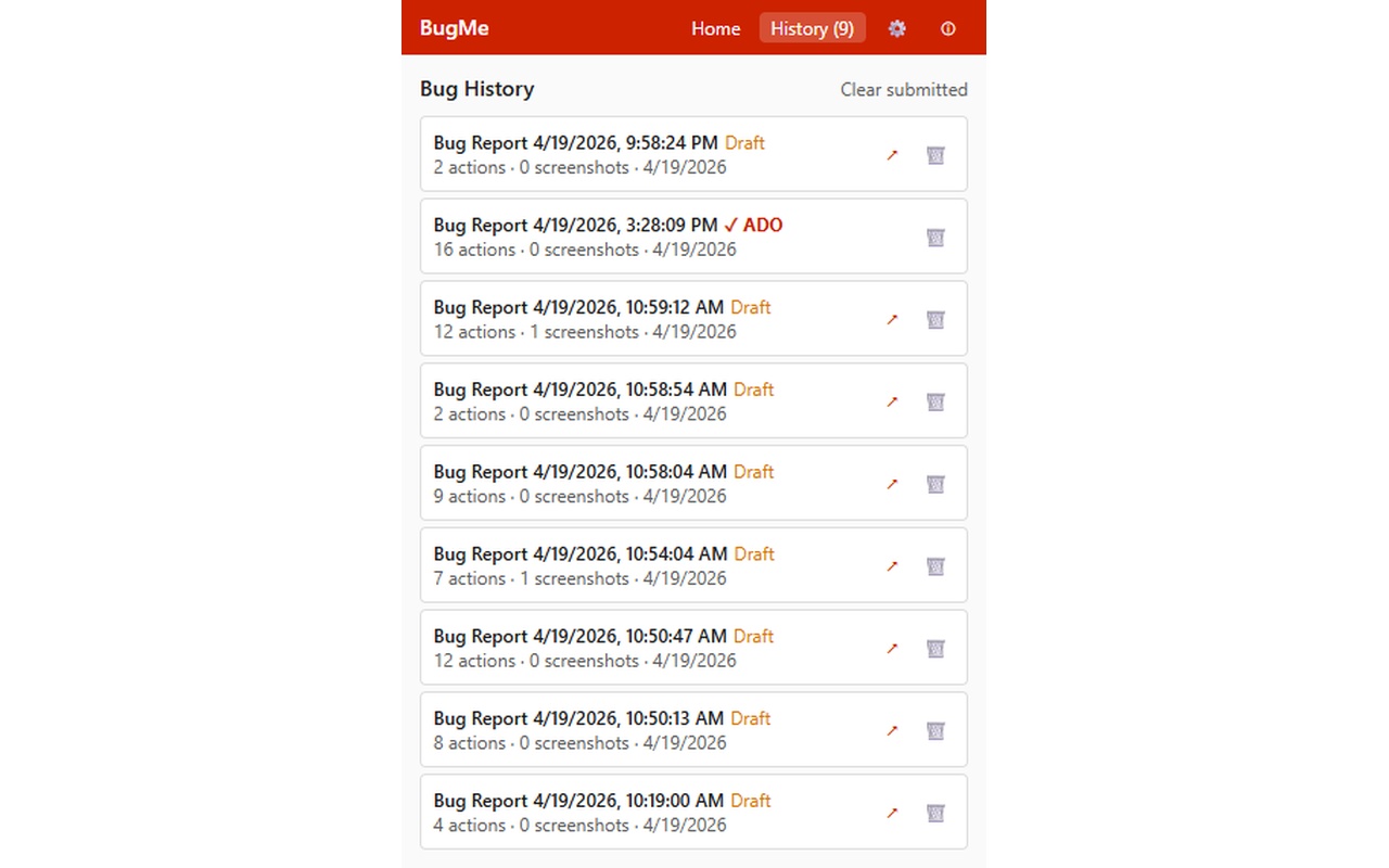 BugMe submit view for creating Azure DevOps bug work items